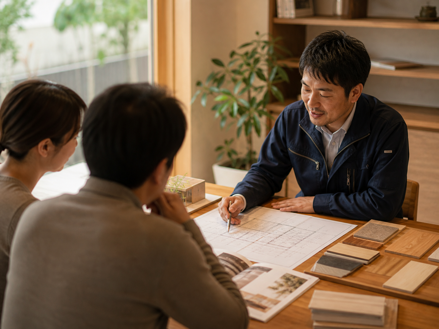 住まいの図面を見ながら相談する担当者